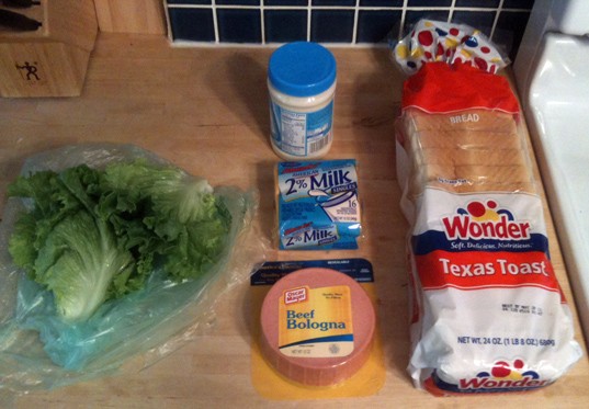 The ingredients: Wonder Bread Texas Toast, Miracle Whip, leaf lettuce, American cheese, Oscar Mayer beef bologna