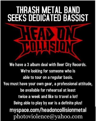 Local Metal Band Head On Collision Needs a Bassist