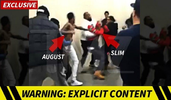 R&B star August Alsina and promoter LooseCannon SLIM brawl backstage at Chaifetz Arena. - Screenshot from TMZ video, below.