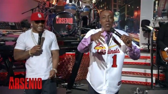 Arsenio Hall performing "Country Grammar" in an Ozzie Smith uniform, NOT doing backflips.