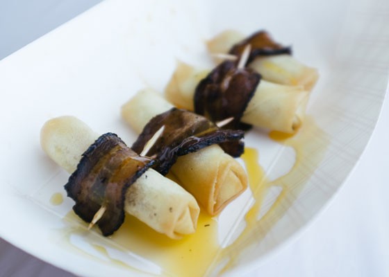 Bacon-wrapped spring rolls at Naked Bacon. - Bryan Sutter