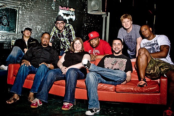 From left to right, Red Bull Thre3style contenders and host: Costik, DJ Uptown, DeadasDisco, Charlie Chan Soprano, DJ Mahf, A-Flex, and DJ Kue. - Sarah Conard