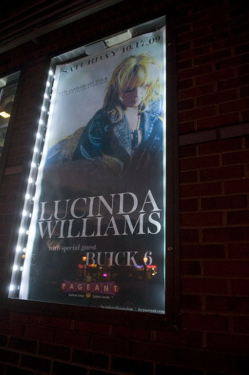 The poster for Lucinda Williams' show last night at the Pageant. See more photos from last night's show. - Photo: Jon Gitchoff