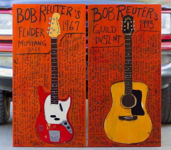 Karl Haglund's paintings of the late Bob Reuter's guitars. - Courtesy of Fugitive Art