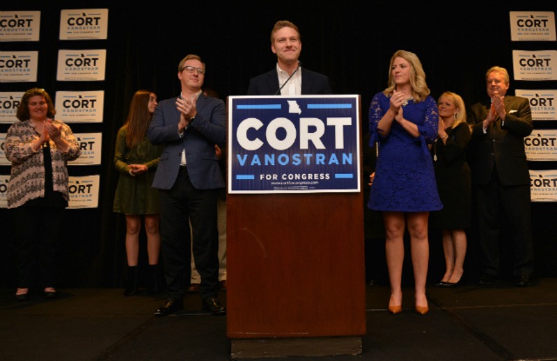 Cort VanOstran, flanked by siblings Collin and Callie, delivers his concession speech Tuesday night at the Sheraton in Clayton. - TOM HELLAUER