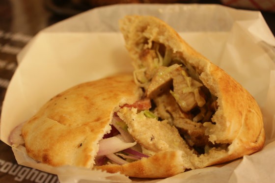 Unusually for many local Middle Eastern places, the shish tawouk comes in a pita pocket, not a wrap. - Photo by Sarah Fenske
