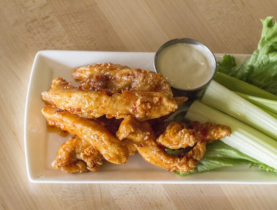 "Sweet Chili Boneless Wings" with blue cheese dressing. | Mabel Suen