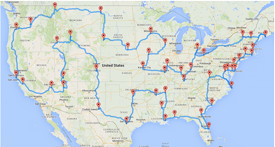 The actual perfect road trip, which Randy Olson determined using data analysis. - via Randy Olson