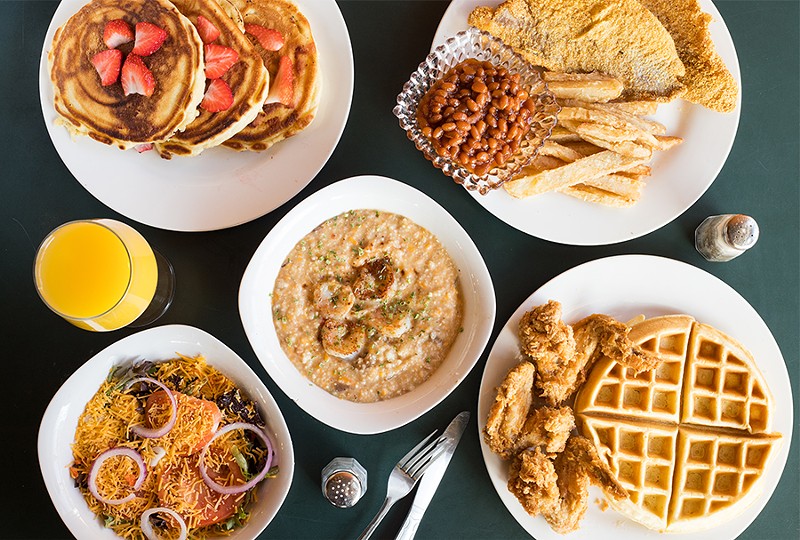 Southern-inflected favorites at the River Lillie include strawberry pancakes, catfish fillets, chicken and waffles and shrimp and grits. - MABEL SUEN