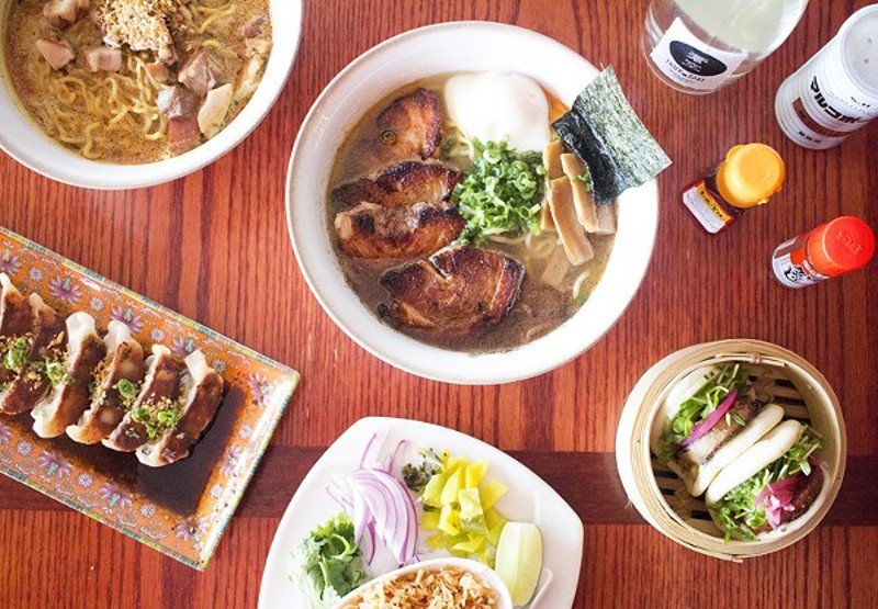 A selection of dishes from Ramen Tei: khao soi, tonkatsu ramen, gyoza and pork-belly steam buns. - PHOTO BY MABEL SUEN