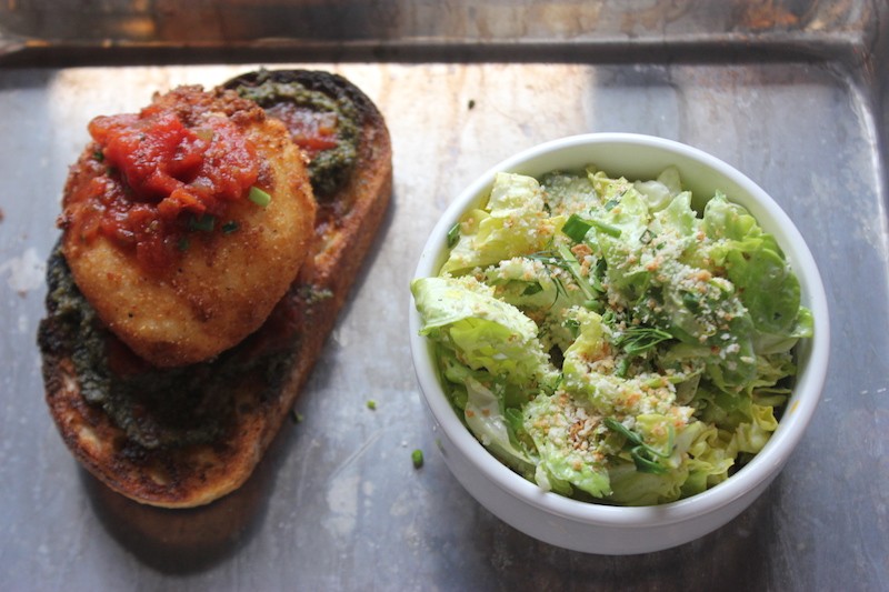 A fried burrata toast, served with a petite gem salad for a riff on the classic lunch combo. - SARAH FENSKE