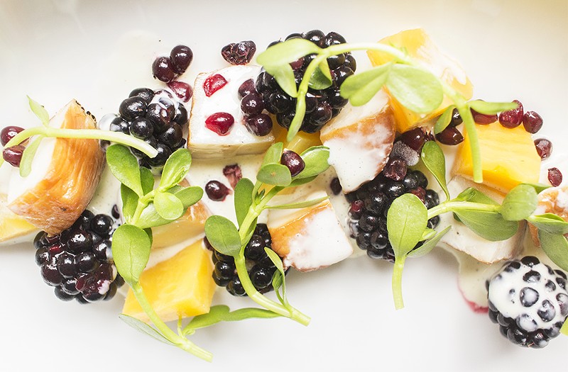Smoked scallop with pickled beet, blackberry and mustard-buttermilk vinaigrette. - PHOTO BY MABEL SUEN