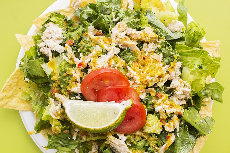 The Mexican Moment: chicken, corn chips, romaine, spinach, kale, cilantro, tomato and jalapeno cilantro-lime dressing. - PHOTO BY MABEL SUEN
