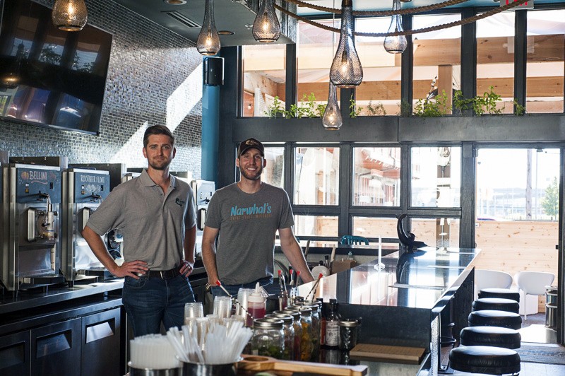 Brandon Holzhueter (left) and Brad Merten at Narwhal's Crafted Urban Ice. - PHOTO BY KELLY GLUECK