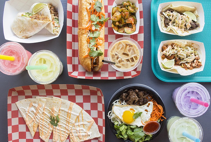 Offerings at Kalbi Taco Shack include a teriyaki chicken burrito, pork bánh mì, kimchi cucumbers, tacos, a quesadilla, a short rib rice bowl and bubble tea. - PHOTO BY MABEL SUEN