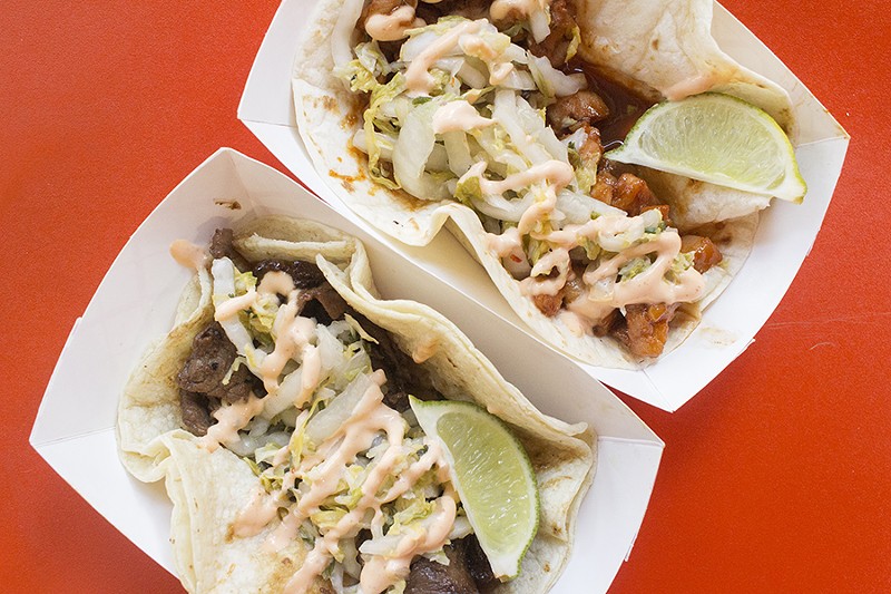 Boneless beef short rib and sweet-and-spicy chicken tacos with Asian slaw and aioli. - PHOTO BY MABEL SUEN