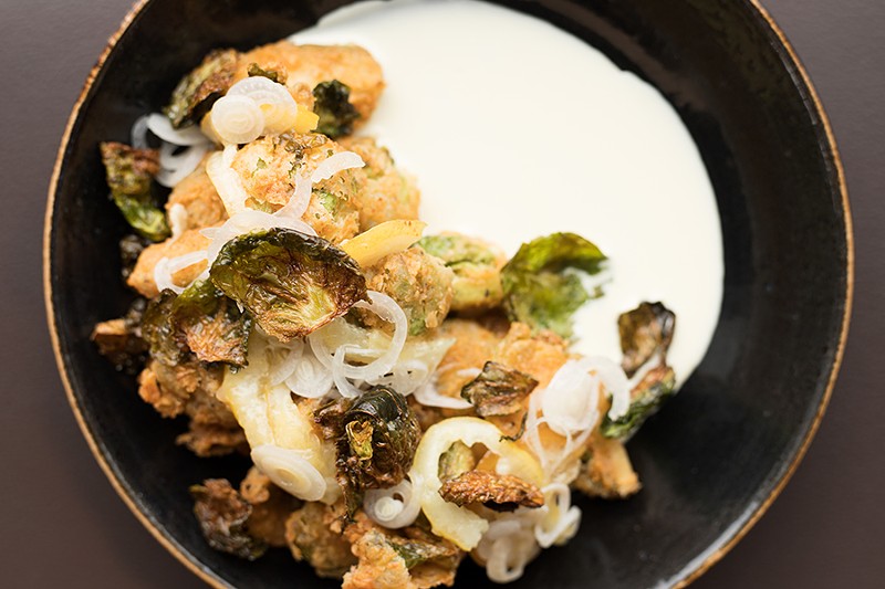 Chicken-fried Brussels sprouts are served with buttermilk dressing, confit lemon and pickled spring onions. - MABEL SUEN