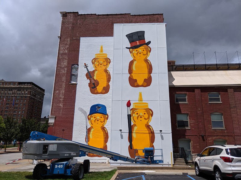 fnnch's included a nod to the St. Louis Blues in his honey bears mural on the Centene Center for the Arts in Grand Center. - JOSHUA PHELPS