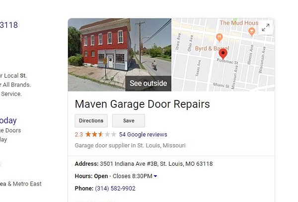 A now-deleted listing showed a fake address for Maven Garage Door Repairs. - SCREENSHOT VIA GOOGLE