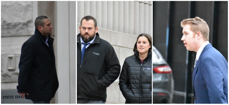 Suspended SLMPD Officers (From L) Dustin Boone, Randy Hays, Bailey Colletta and Christopher Myers outside court. - DOYLE MURPHY