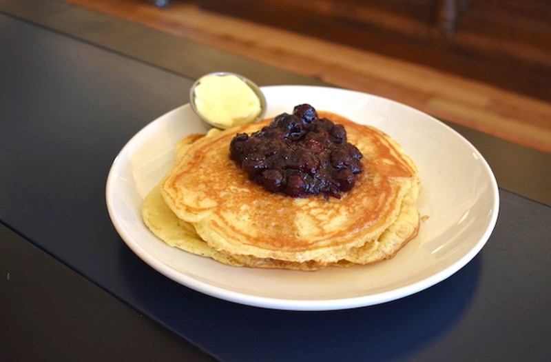 Winslow's Pancakes with preserved blueberries, maple syrup and whipped butter. - LIZ MILLER