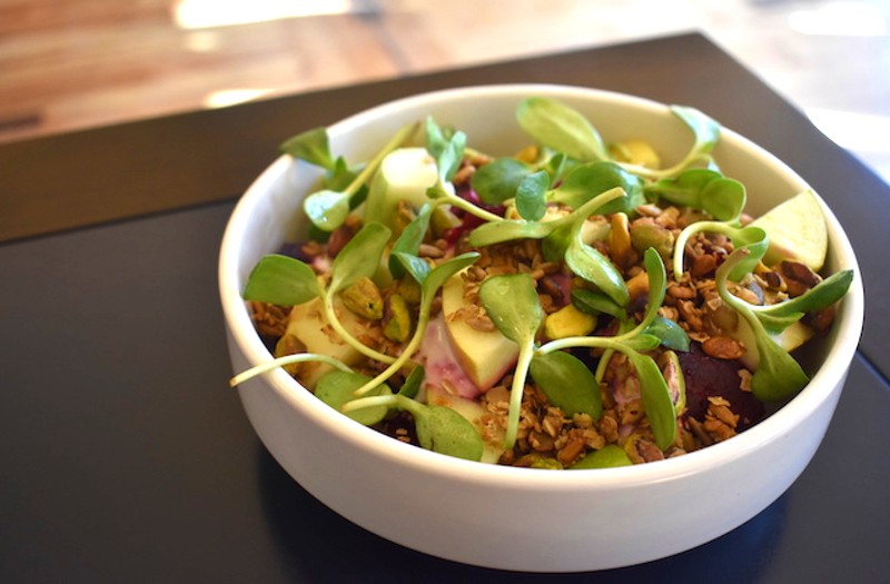 Beet salad with Fuji apple, yogurt vinaigrette, pistachios, toasted seeds and sunflower shoots. - Liz Miller