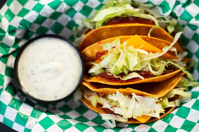 Utah Station positively nails its Crack Tacos, a take on Jack in the Box tacos, all the way down to the sliced vegan American cheese and fried lettuce. - MABEL SUEN