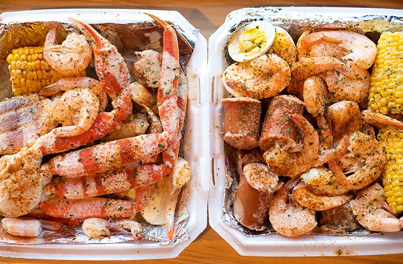 Garlic crab and garlic shrimp platters have the effect of seafood boils in Styrofoam boxes, with Moore’s rich, cream-fortified garlic butter serving as a velvety gravy that soaks into every component. - MABEL SUEN