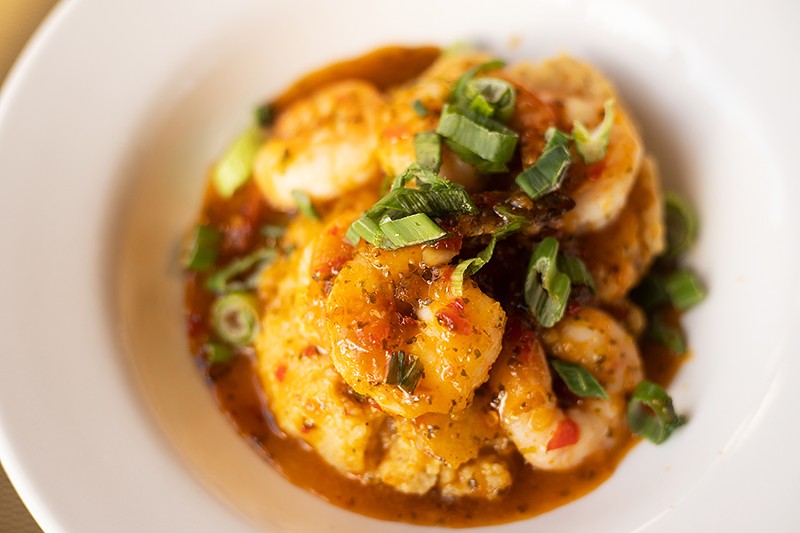 Bangkok Shrimp with Thai sweet chile sauce on top of stone-ground grits. - MABEL SUEN