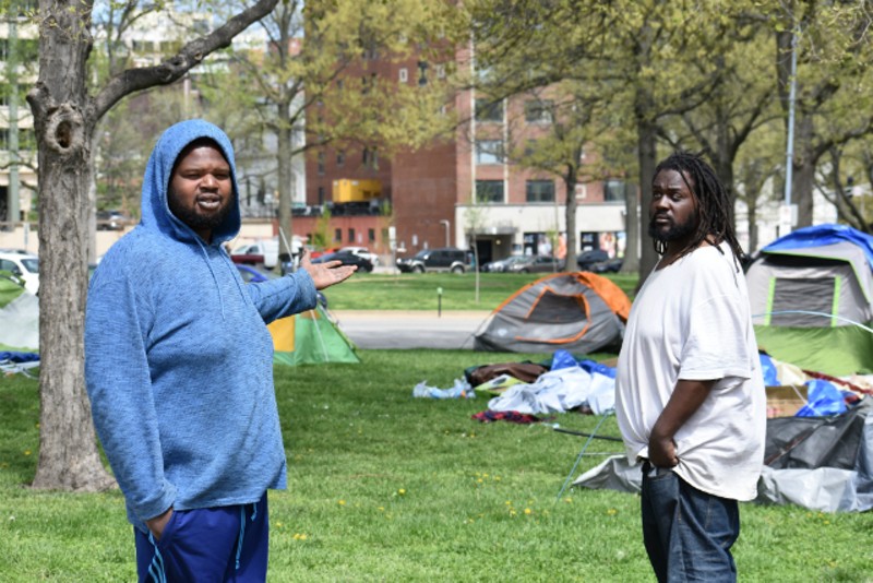 Tamadj Shakespeare, left, and Marcus Hunt say police invaded a homeless camp at 4 a.m. on Thursday. - DOYLE MURPHY