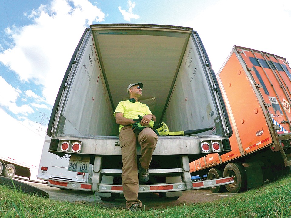 Chet Gordon of Greenwood Lake, New York, after cleaning out a trailer in Georgetown, Indiana, on October 15, 2019. Gordon, who previously was a newspaper photographer, photo editor and former US Marine, has been a long-haul truck driver with Prime Inc. of Springfield, Missouri, since December 2016. - CHET GORDON