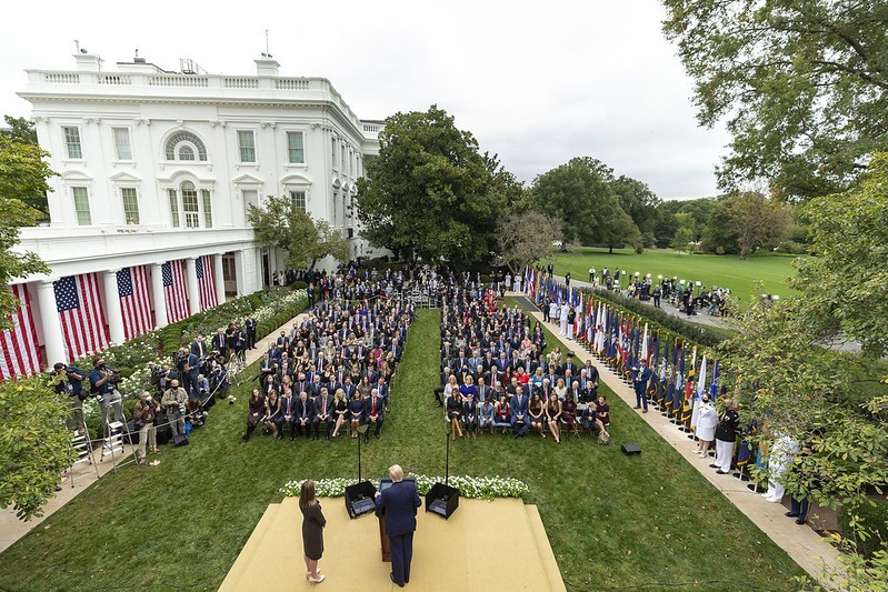 President Trump announces Judge Amy Coney Barrett as his Supreme Court nominee during a Rose Garden ceremony that is suspected to be a super-spreader event. - Official White House Photo by Amy Rossetti