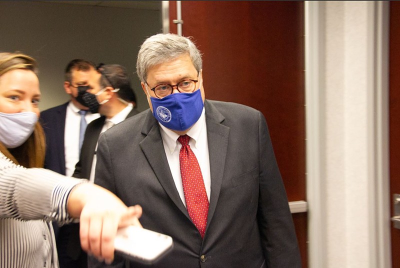 Bill Barr arrives for a very brief press conference on Thursday in St. Louis. - DANNY WICENTOWSKI