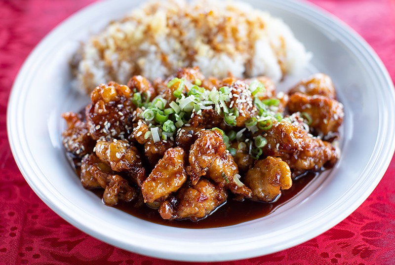 Fire chicken gangjung with jalapeno, garlic, scallion, sweet soy sauce and sesame seed. - MABEL SUEN