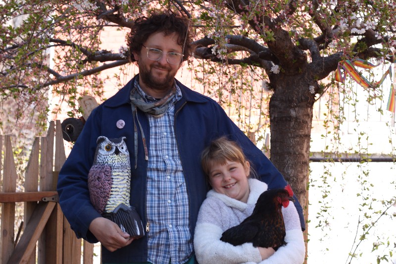 Nick Zengerling and his daughter, Nina Von Trone Zengerling, joined by her good friend Bianca the chicken. - JENN DEROSE