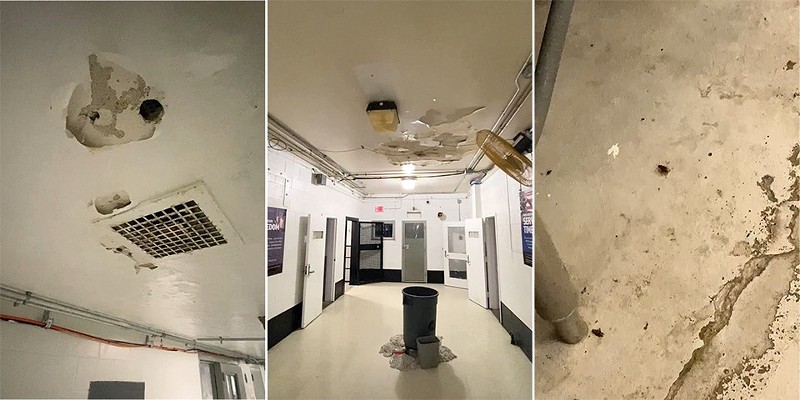 Three scenes from tour inside the Workhouse jail show (from lift to right) holes in a hallway ceiling, rain leaking into buckets, and a bug on the decrepit kitchen floor. - SCREENSHOTS VIA HEATHER TAYLOR VIDEO