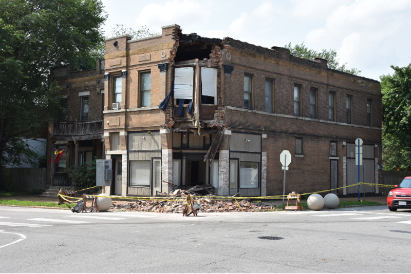 The building at 3201 Arsenal Street after an SUV crashed into it on July 14, 2021. - DOYLE MURPHY