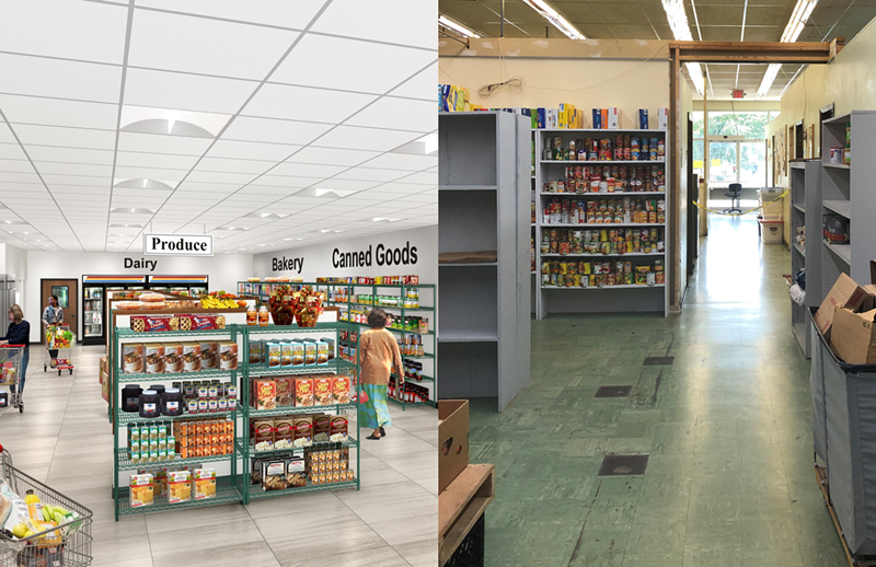 A rendering of what the new food pantry will look like (left) versus what the pantry currently looks like (right). - COURTESY FEED MY PEOPLE