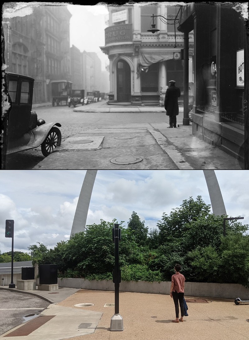Mike McCubbins tracked down a photo in the Lemens collection (above) with the exact spot near the Gateway Arch today (below). - LEMEN COLLECTION/MIKE MCCUBBINS
