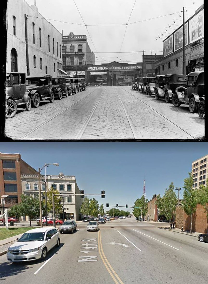 The location of an image from the Lemen collection (above) was identified by McCubbins, who connected it to North 14th Street facing Washington Avenue. - LEMEN COLLECTION/GOOGLE