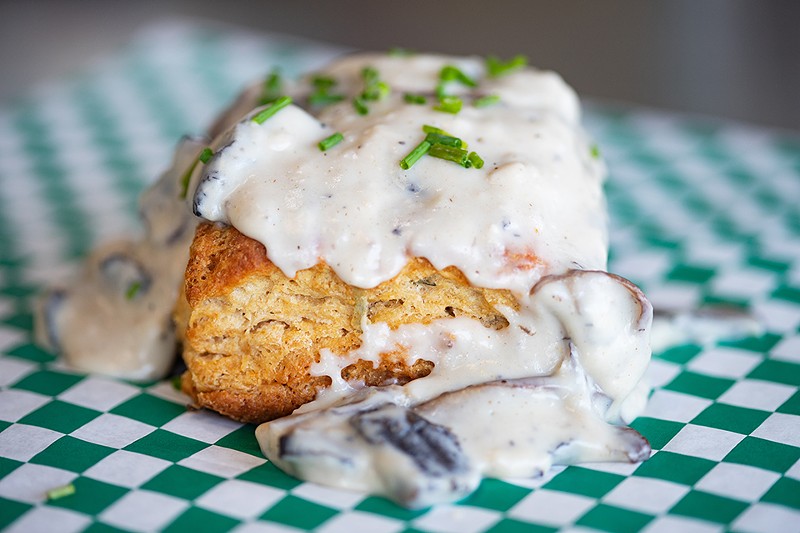 Rosemary biscuit topped with mushroom gravy. - MABEL SUEN