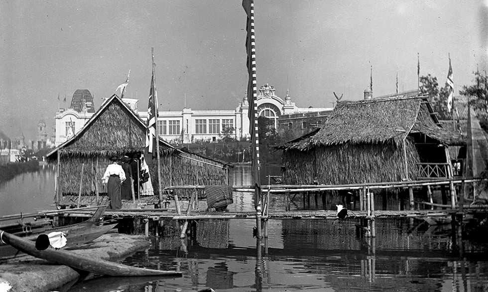 A bamboo structure was built for the Moro tribe on Arrowhead Lake as part of the 47-acre Philippine Village at the 1904 World’s Fair. - MISSOURI HISTORY MUSEUM COLLECTIONS