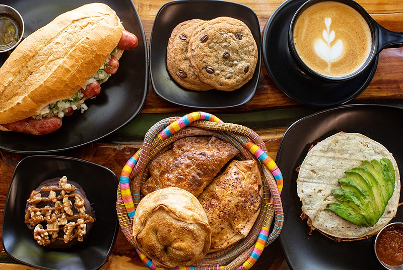 The coffee is unsurprisingly excellent, but Coffeestamp offers a selection of thoughtful, delicious dishes, many unlike any you will find anywhere else in St. Louis. Pictured: choripan, chocolate chip cookies, latte, turtle alfajores, empanadas and Mayan tortilla. - MABEL SUEN