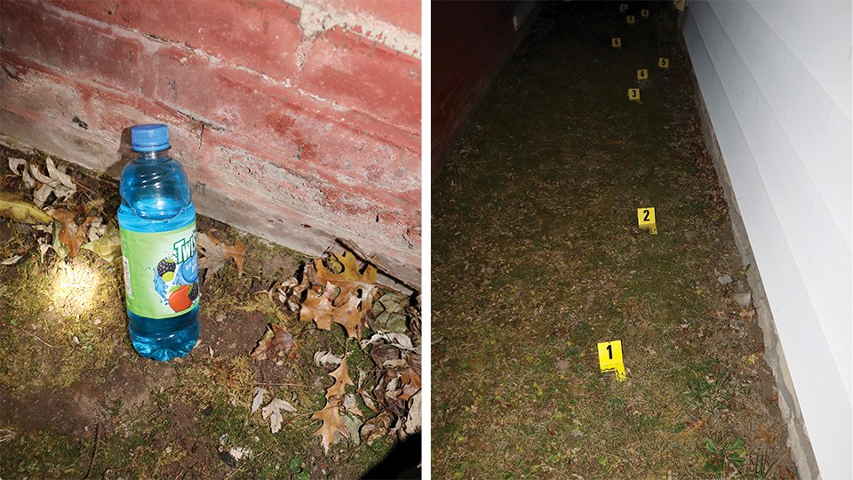 Crime scene photos show a perfectly upright drink bottle that Bufford was said to be carrying and evidence markers that an expert says indicate Roethlisberger was in the gangway when he  opened fire. - ST. LOUIS METROPOLITAN POLICE