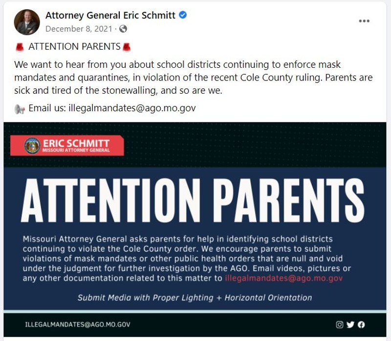 Eric Schmitt's December 8 announcement called for parents to report their schools. - SCREENSHOT VIA FACEBOOK