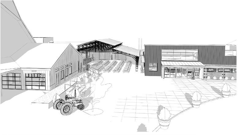 A rendering of the planned space, showing (left to right) Cider Donut & Custard Shop, Cider Shed Pavilion, and Cider Shed Tasting Room. - COURTESY ECKERT'S FARMS