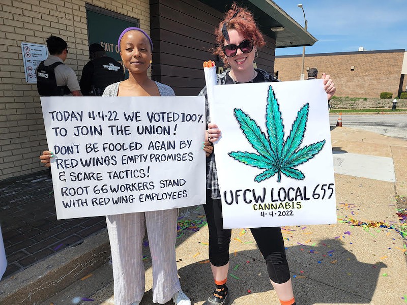 From left, Joanna Njama and Em Holmead stand outside Root 66 on South Grand Boulevard after employees voted to form a union. - COURTESY OF UFCW LOCAL 655
