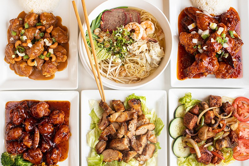 The Kitchen's (clockwise from left) Springfield cashew chicken, wonton noodle soup, hot braised chicken wings, Vietnamese shaking salmon, bourbon chicken and General Tso's chicken. - Mabel Suen
