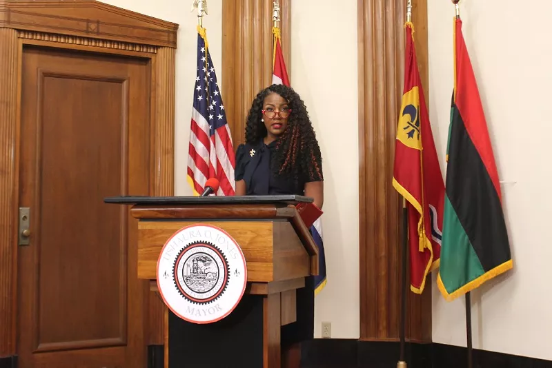 St. Louis Mayor Tishaura Jones speaks to reporters on Wednesday. - Monica Obradovic