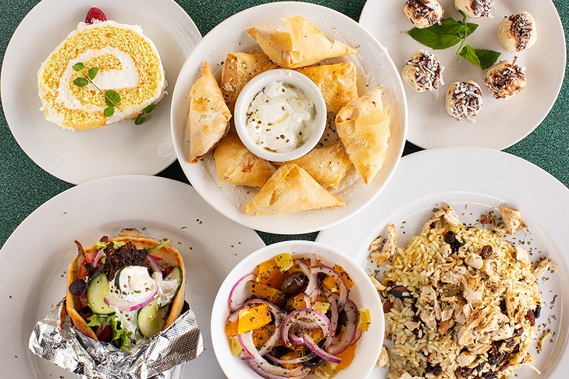 Arber Cafe (clockwise from top left): roll cake, byrek, Albanian kisses, ali pash, olive salad and deluxe gyro. - MABEL SUEN